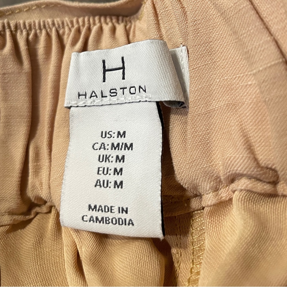 HALSTON Wide Leg Linen Blend Pants Beige Metallic Thread Elastic Waist Women's M - Picture 8 of 10